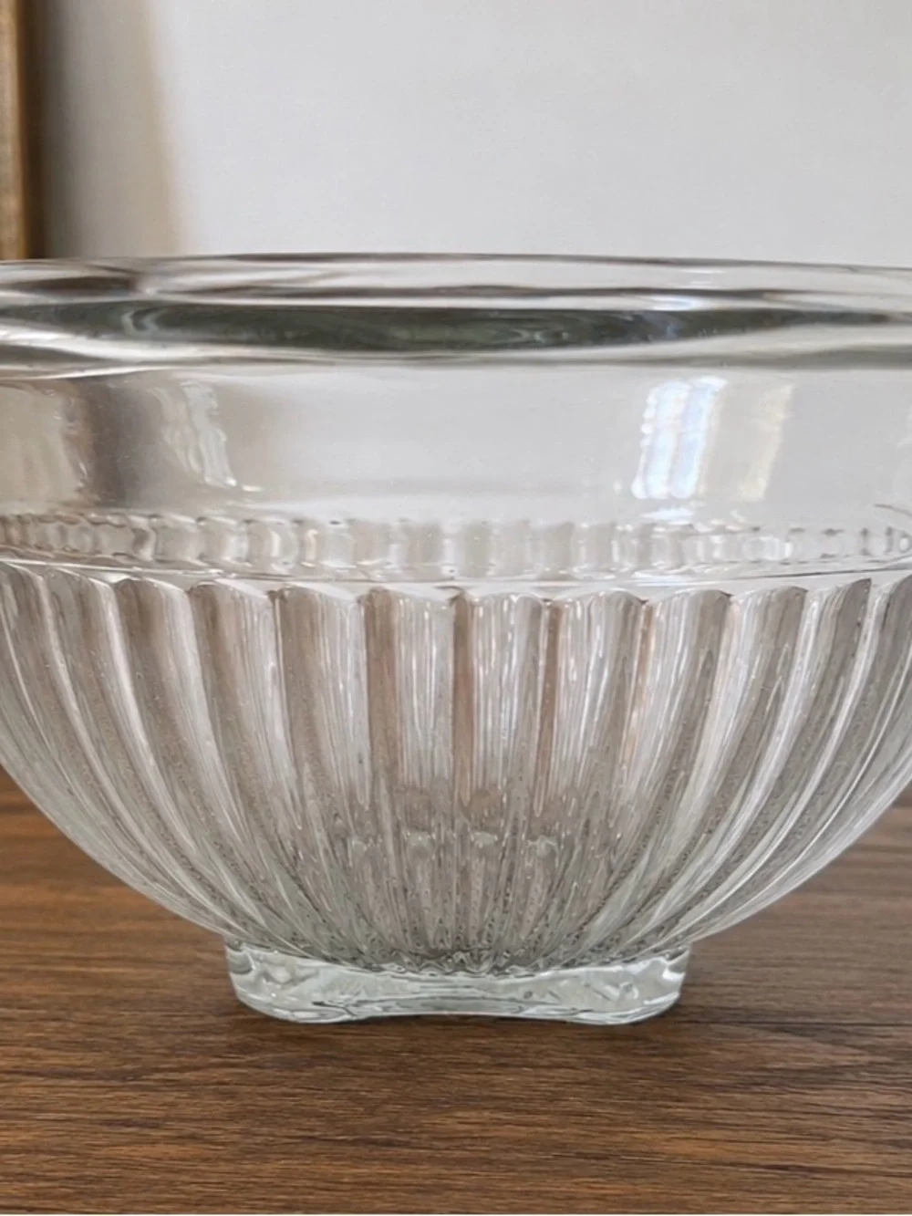 Vintage Clear Ribbed Glass Serving Bowl Flared Rim Square Foot 9.5” Centerpiece